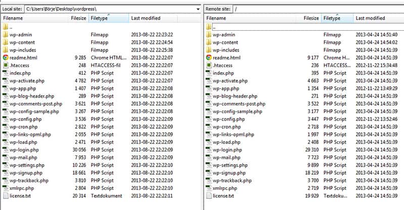 Så här ska det se ut i ditt FTP-program (FileZilla på bilden)  när du fört över filerna.